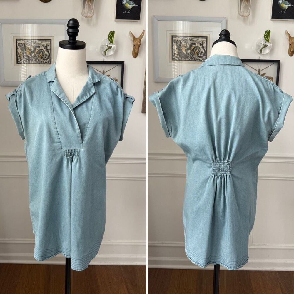 Daniel Rainn Split Neck Chambray Tunic Top Blue L